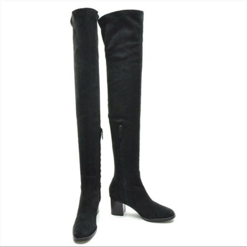 EDUN black suede thigh high heeled boots